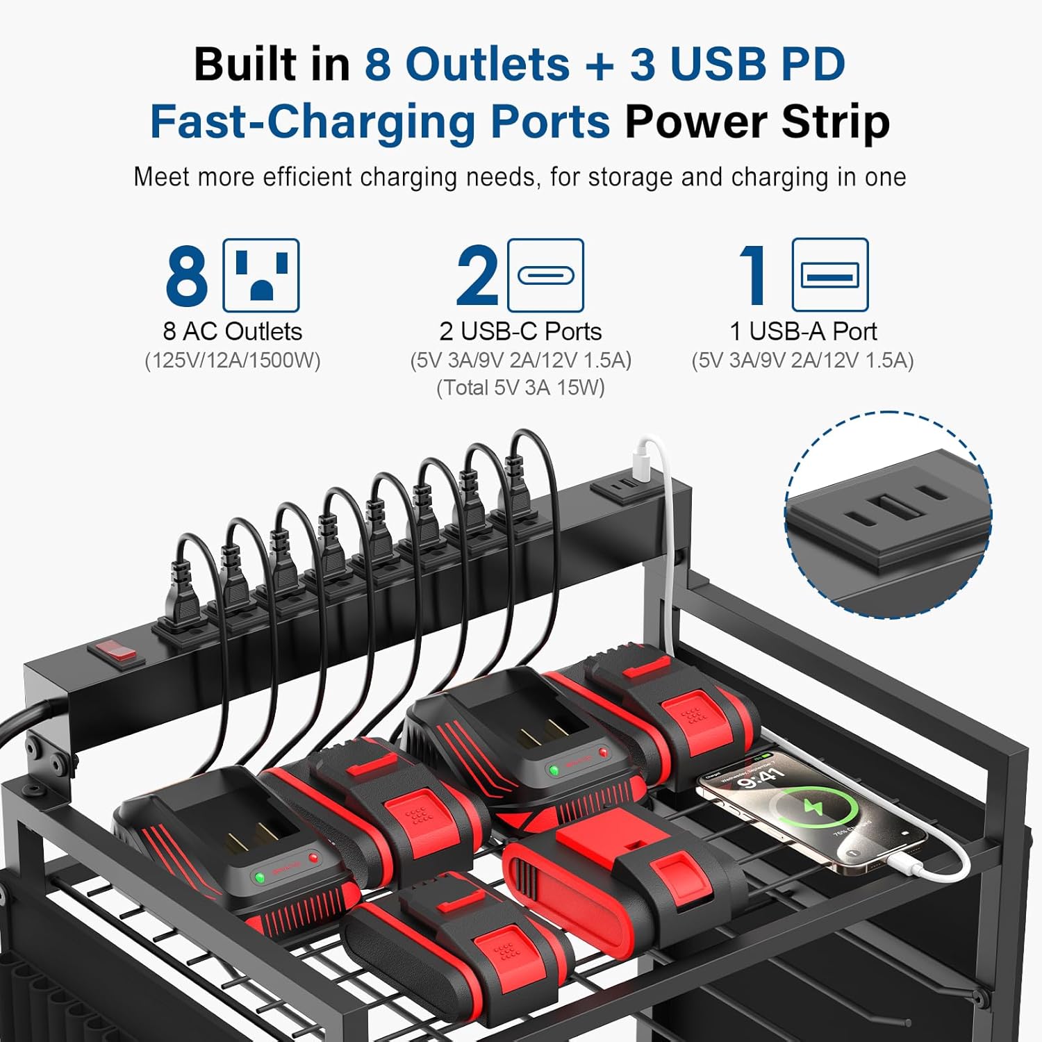 Garage Large Power Tool Organizer Cart with 8 Outlet 3 USB Charging Station, Floor Rolling Drill and Tools Battery