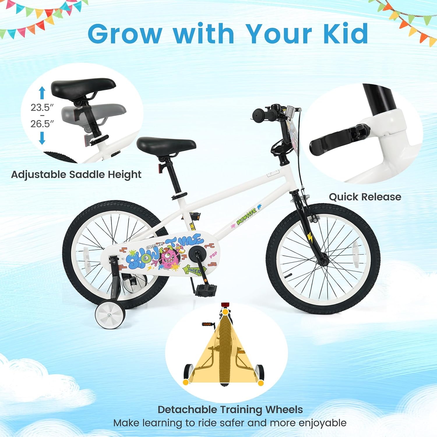Kids Bike, 12 14 16 18 Inch Children Bicycle with DIY Design, Training Wheels, Dual Brakes and Adjustable Seat, Girls