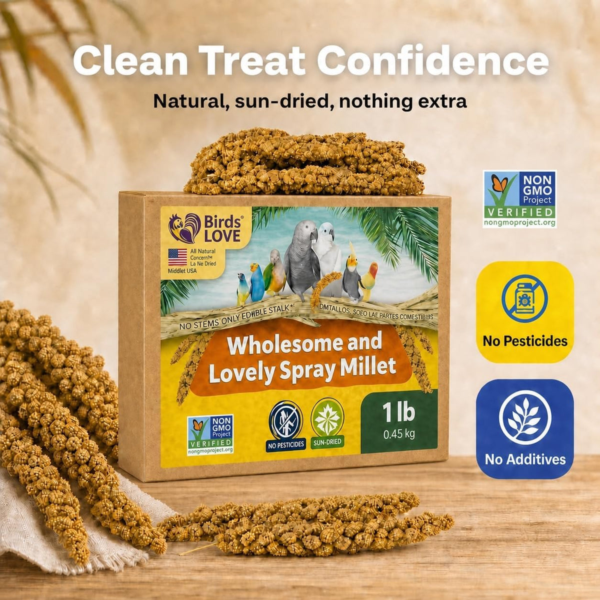 1 LB Wholesome Spray Millet for Birds – USA Grown, Non-GMO,Natural Sun-Dried Millet Sprays – Thick Seed-Rich Clusters