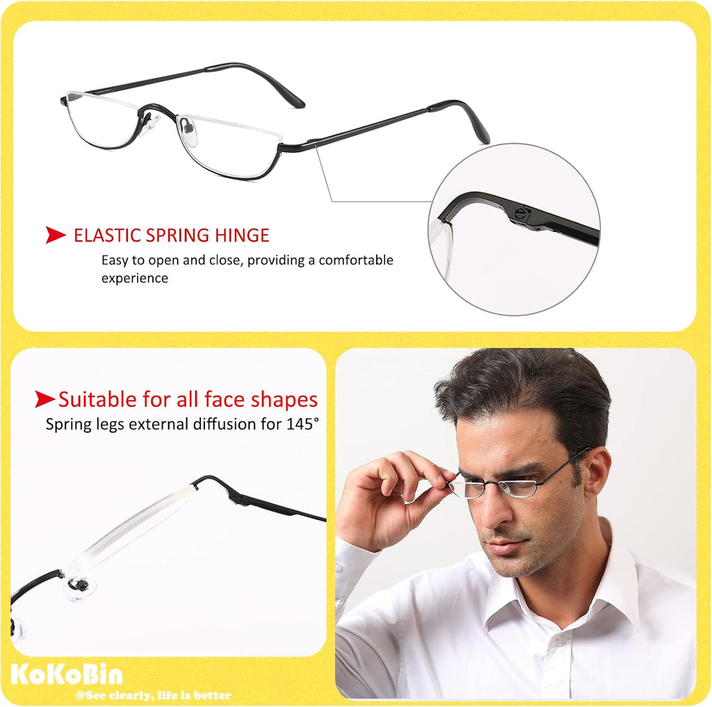 Half Reading Glasses 2 Pairs Metal Frame 2.00 | Half Rim Glasses Spring Hinge Readers with Leather Pouch for Men and