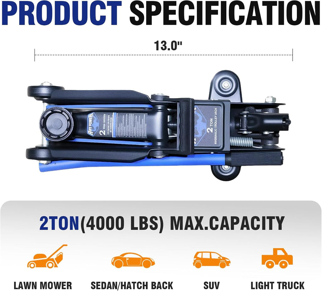 ANTPOWER 2 Ton Floor Jack,with Wheels for Secure Lifting,Fast Lift Floor Jack, Quick Lift Pump for Sport Utility