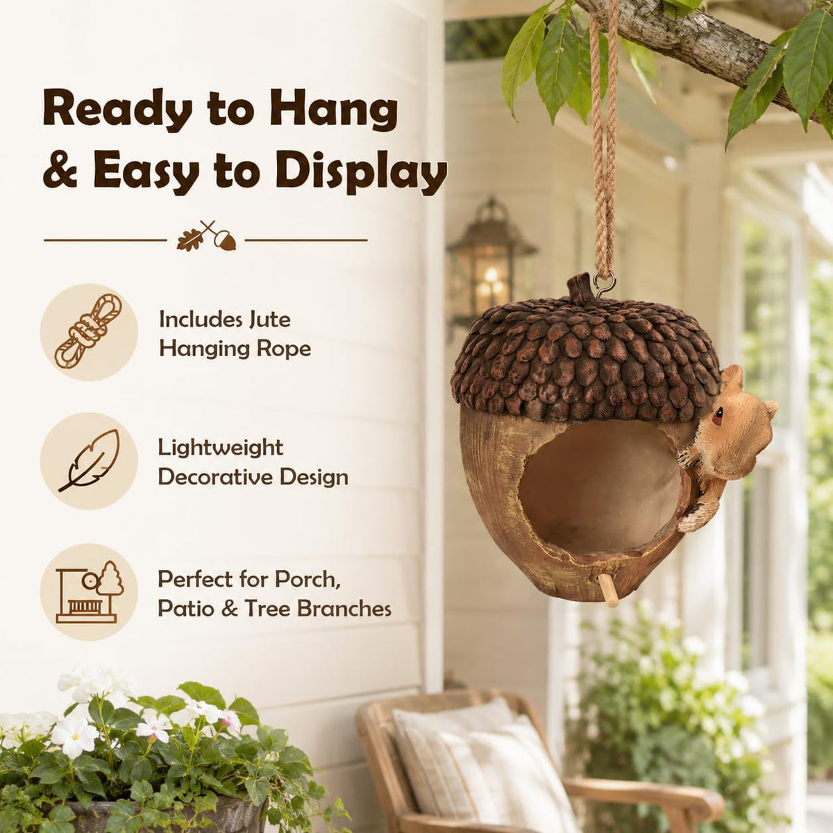 Acorn Bird House for Outside, Hand-Painted Resin Hanging Birdhouse with Squirrel, Weather-Resistant Decorative Bird