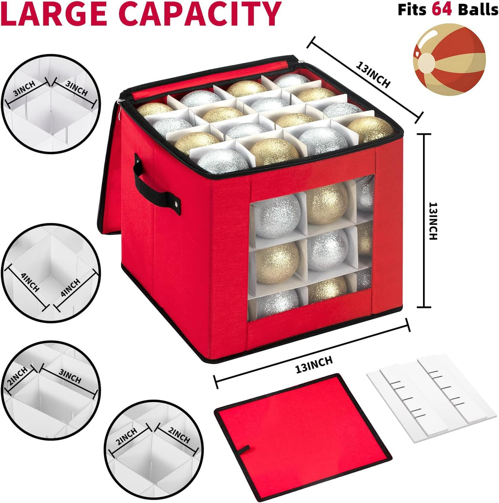 Christmas Ornament Storage Box With Adjustable Dividers,Ornament Storage Container with Two Handles for 64Holiday