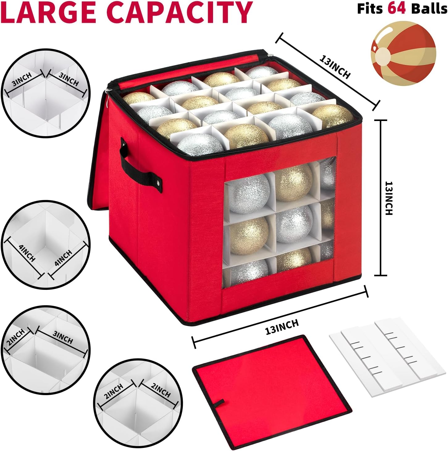 Christmas Ornament Storage Box With Adjustable Dividers,Ornament Storage Container with Two Handles for 64Holiday