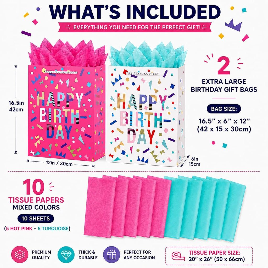 Extra Large Birthday Gift Bags, 2 Pack, 16.5 x 6 x 12 Inch