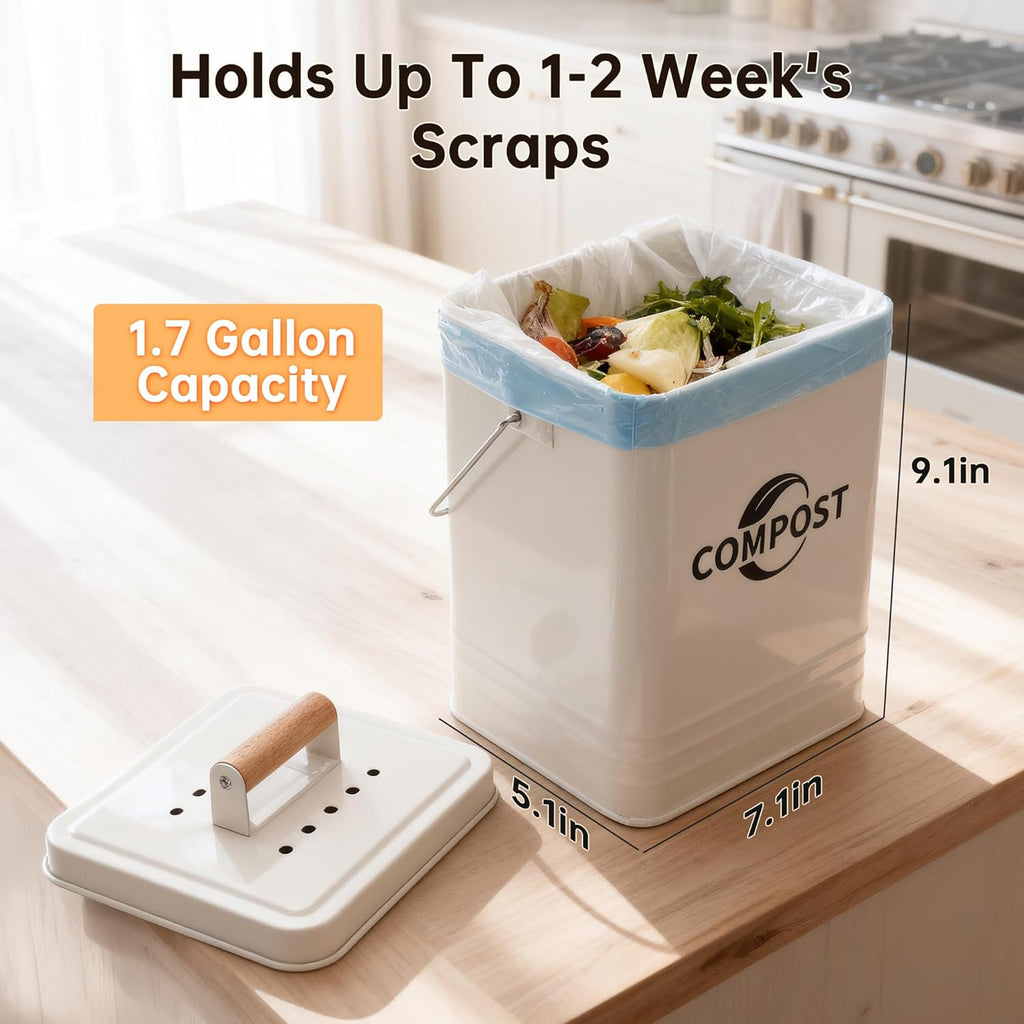 Kitchen Compost Bin, 1.7 Gallon Countertop Compost Bin with Lid and Charcoal Filter, Kitchen Composter for Food