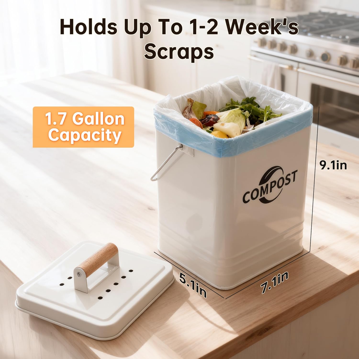 Kitchen Compost Bin, 1.7 Gallon Countertop Compost Bin with Lid and Charcoal Filter, Kitchen Composter for Food