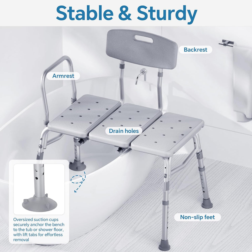 Tub Transfer Bench for Bathtub, 400 lbs Heavy Duty Shower Chair with Backrest, Slip-Resistant Feet, Height Adjustable