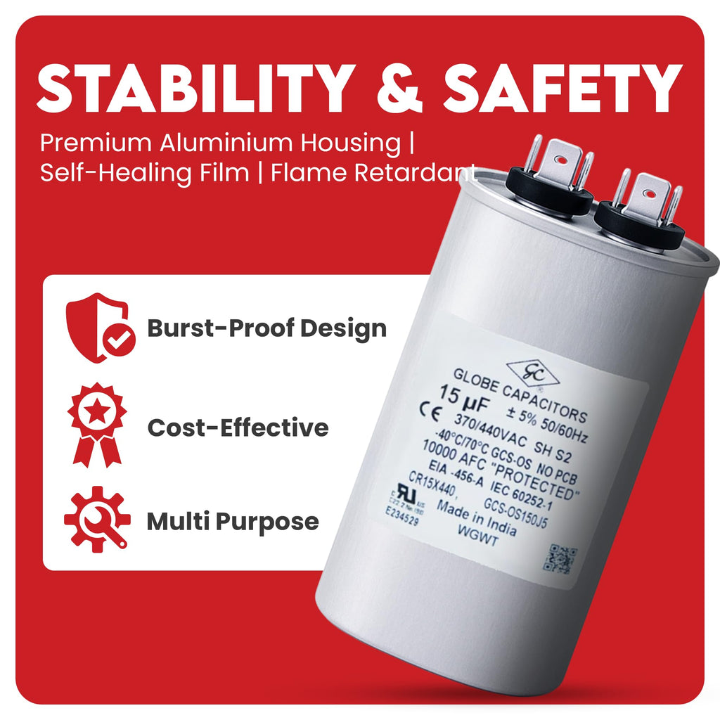 Globe Capacitor, Oval Run Start, 15MFD CBB65 Single Element, 370V/440V