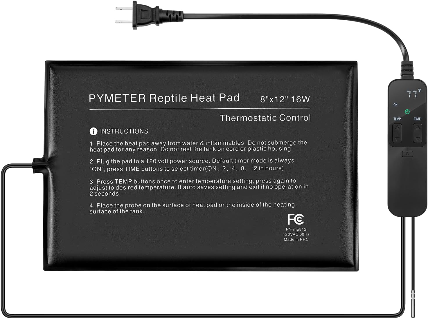 Reptile Heating Pad with PID Thermostat & Timer, 8”x12” Under Tank Heater for Hermit Crab, Snake, Turtle, Lizard
