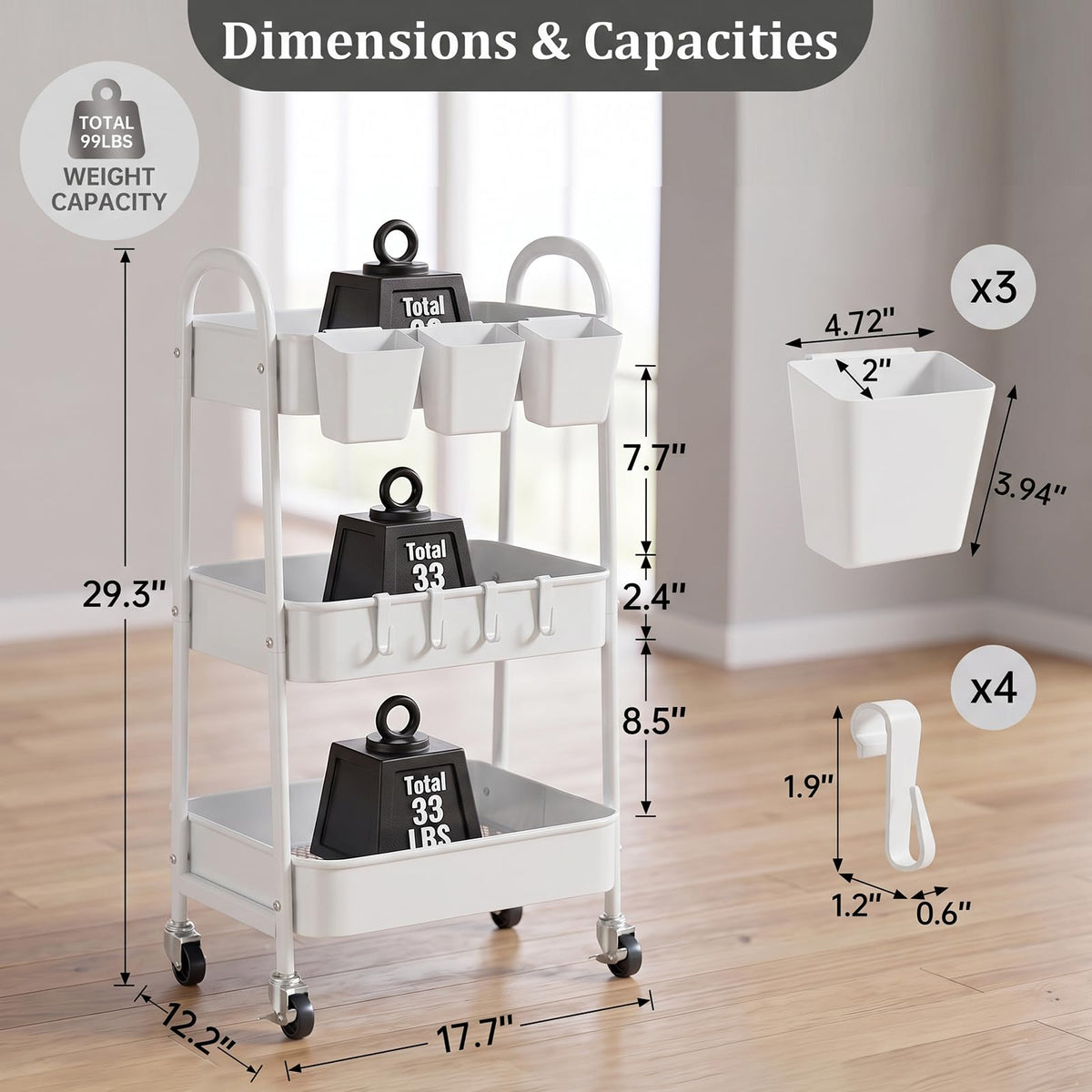 3-Tier Rolling Cart, Metal Storage Cart with Lockable Wheels