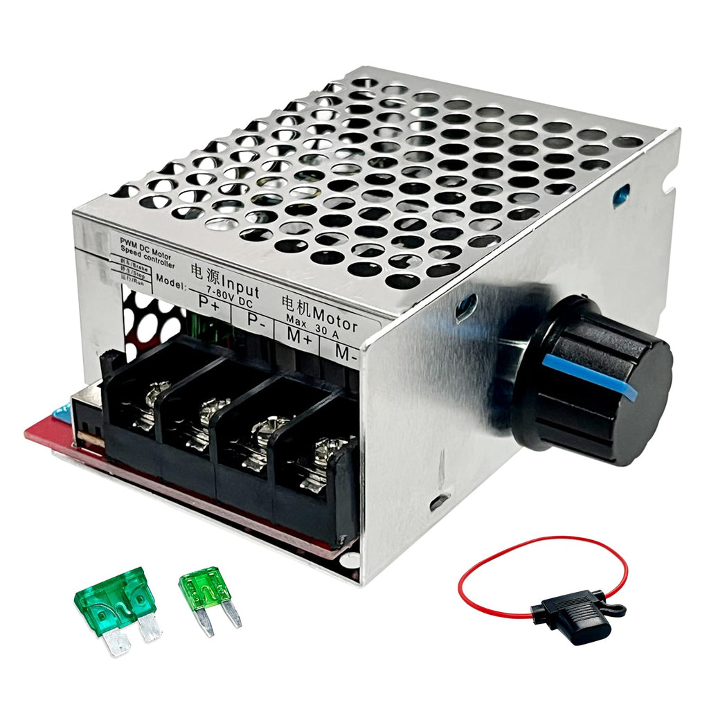 PWM Speed Controller 7-70V 30A for Brushed Electric Motors, Adjustable Variable Speed Module with Brake Switch, Dual Fuse Protection, Supports 12V 24V 48V Systems
