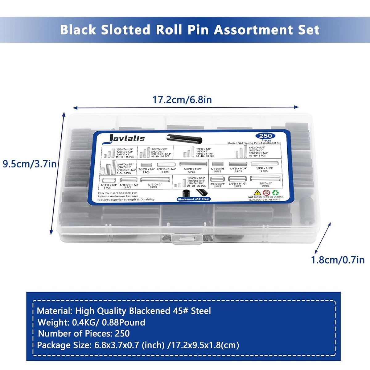 SAE Roll Pin Set, 250 Pcs Roll pin Assortment, Slotted Spring Pins