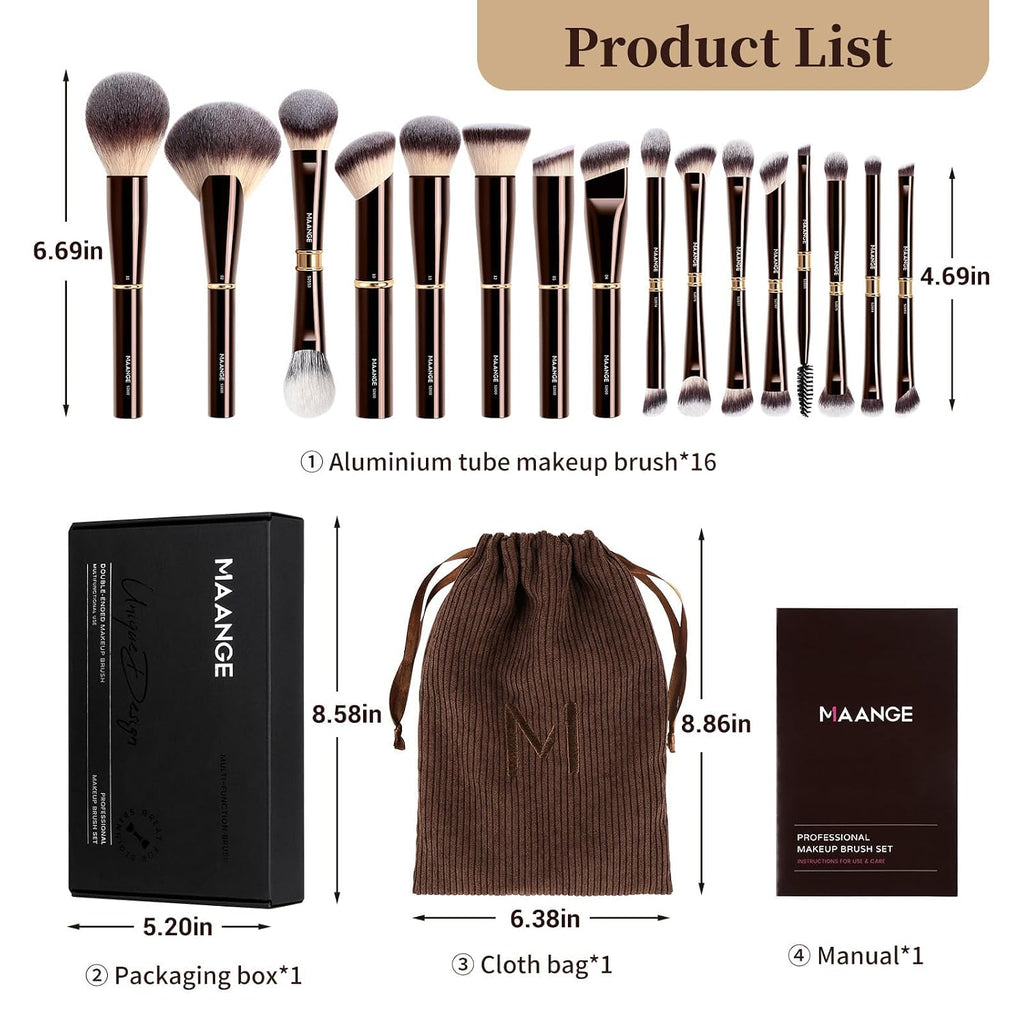 Makeup Brushes 16Pcs Professional Foundation Powder Blush Contour Eyeshadows Double-End Makeup Brushes Set with Bag
