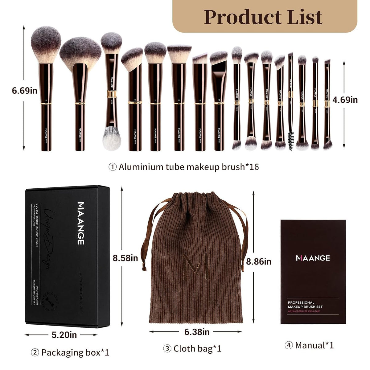Makeup Brushes 16Pcs Professional Foundation Powder Blush Contour Eyeshadows Double-End Makeup Brushes Set with Bag