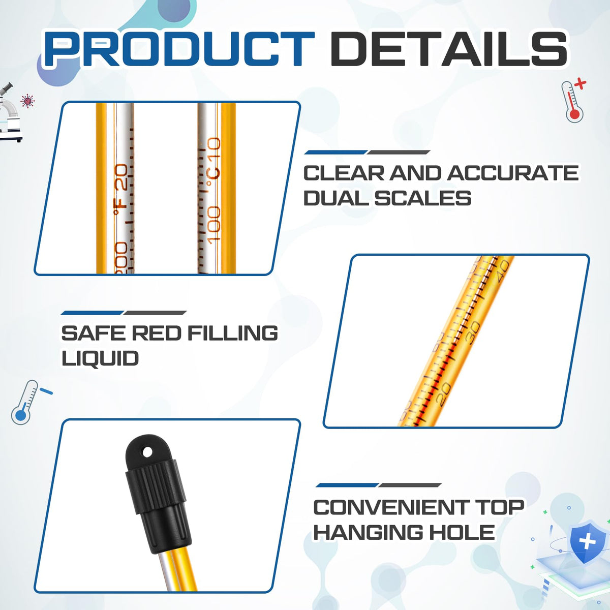 8 Pcs General Purpose Lab Thermometer, Glass, Total Immersion