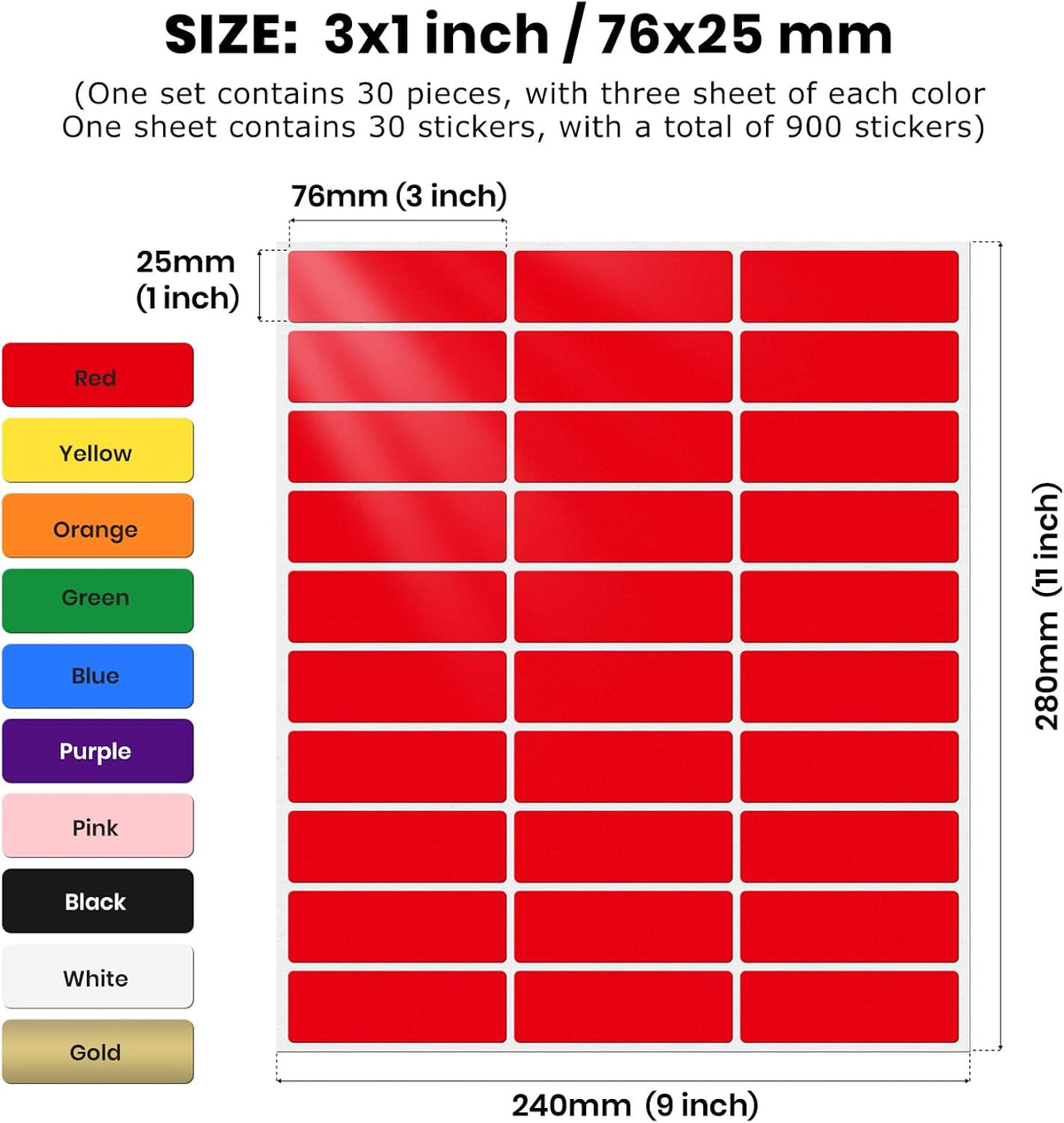 Rectangle Stickers 10 Color 3 x 1 Inch Vinyl Removable Label 900 PCS