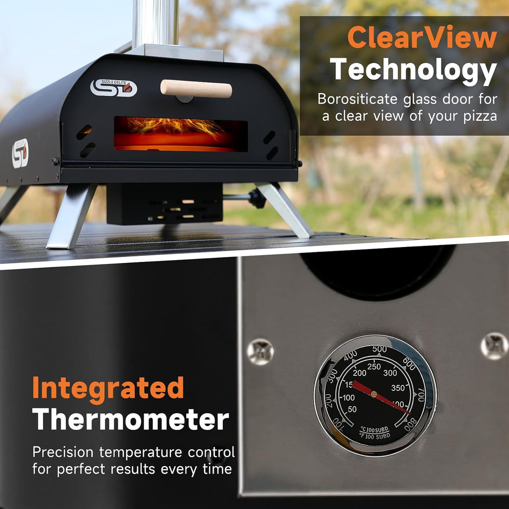 Outdoor Pizza Oven Wood Pellet 12" Round Pizza Stone, Portable Wood Fired with Built-in Thermometer Pizza Stove