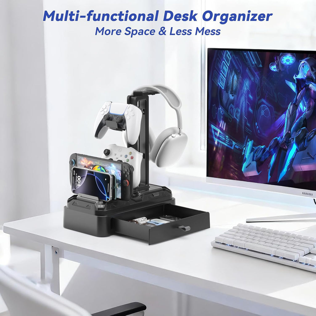Headphone Stand with Drawer - Rotatable Headset & Detachable Controller Holder for Desk - Multifunctional Organizer