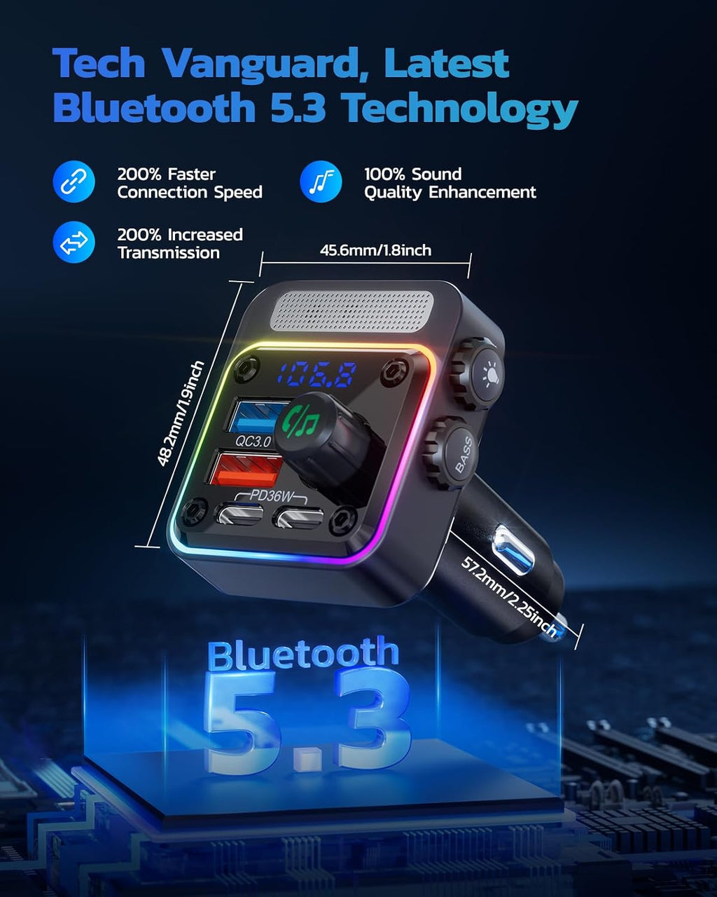 54W Bluetooth 5.3 Car Adapter, FM Transmitter 4-Port Fast Charging | Wireless FM Radio Music Player with Deep Bass, 5