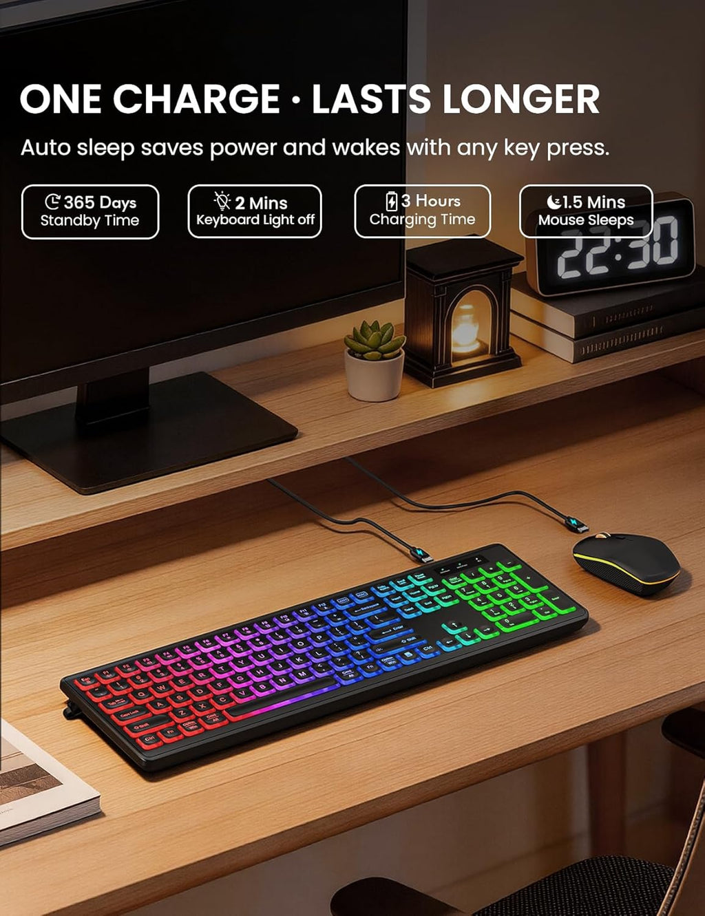 Wireless Keyboard and Mouse Combo with RGB Backlit, Rechargeable | Light Up Letters, Full-Size, Soft Typing, Sleep
