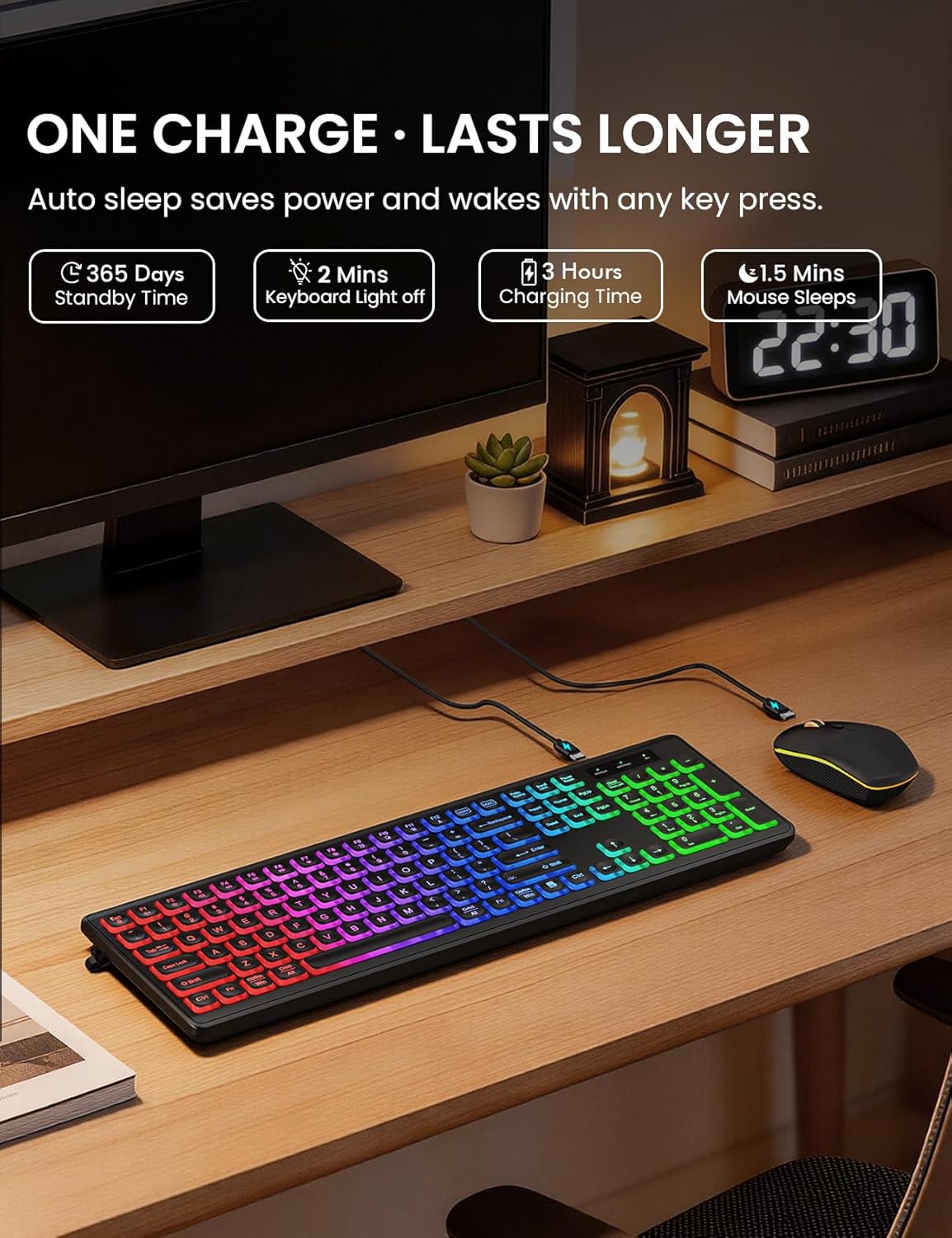Wireless Keyboard and Mouse Combo with RGB Backlit, Rechargeable | Light Up Letters, Full-Size, Soft Typing, Sleep
