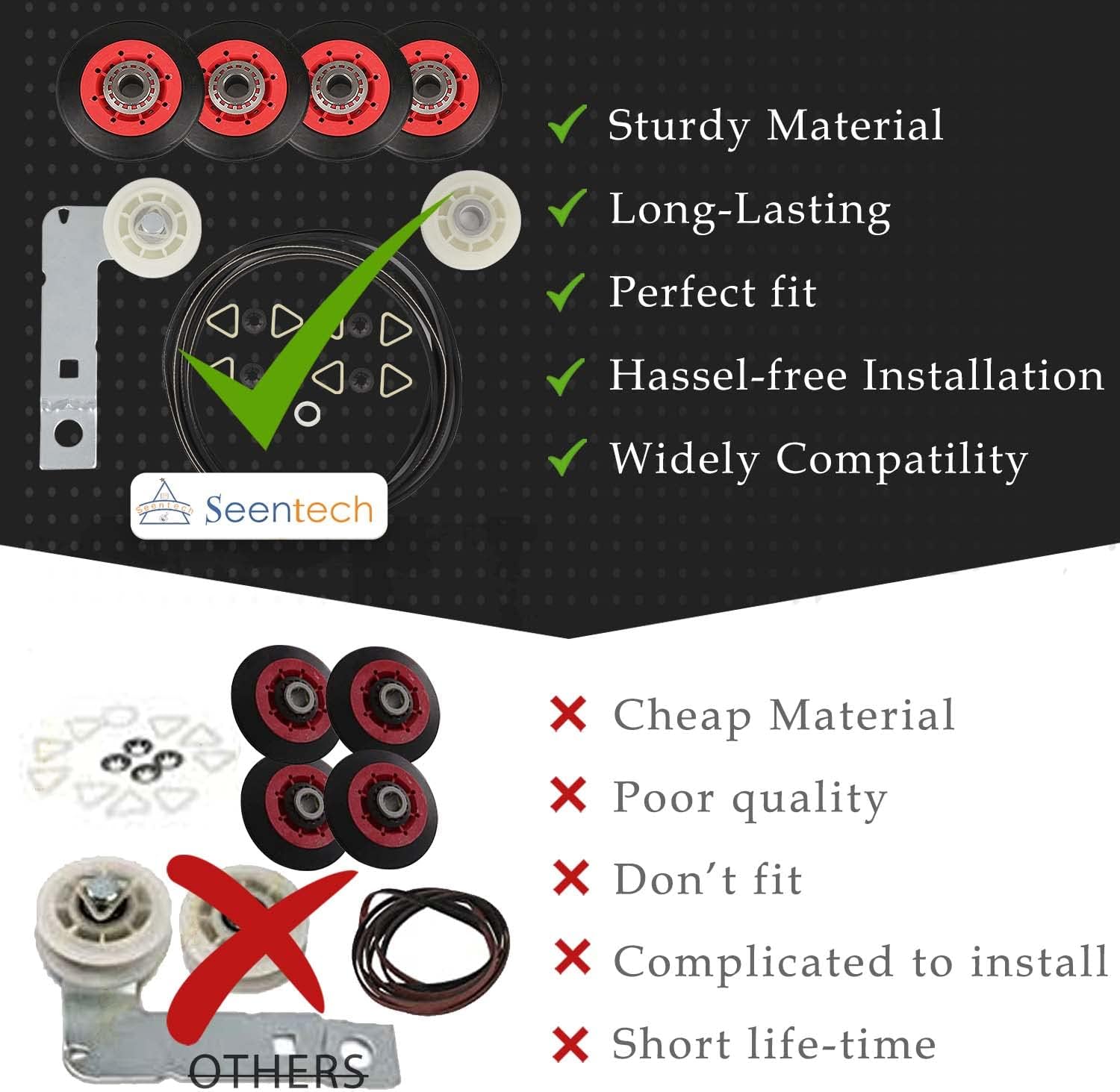 UPGRADED 4392067 Dryer Repair Kit & W10837240 Dryer Idler by Seentech, Includes WPW10314173 Drum Rollermm,661570V