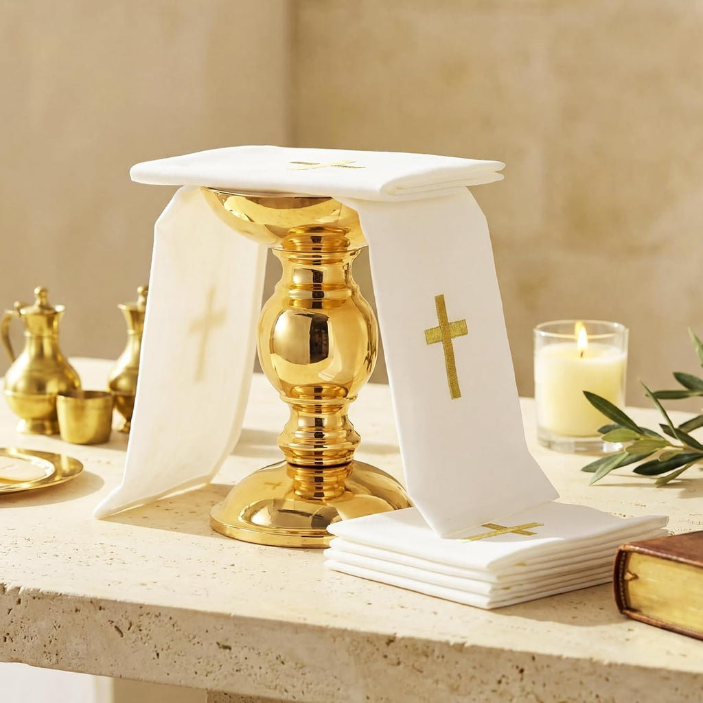 12 Pack of Embroidered Linen Purificator with Gold Cross Center White Linen Altar Cloth Altar Supplies Corporal for