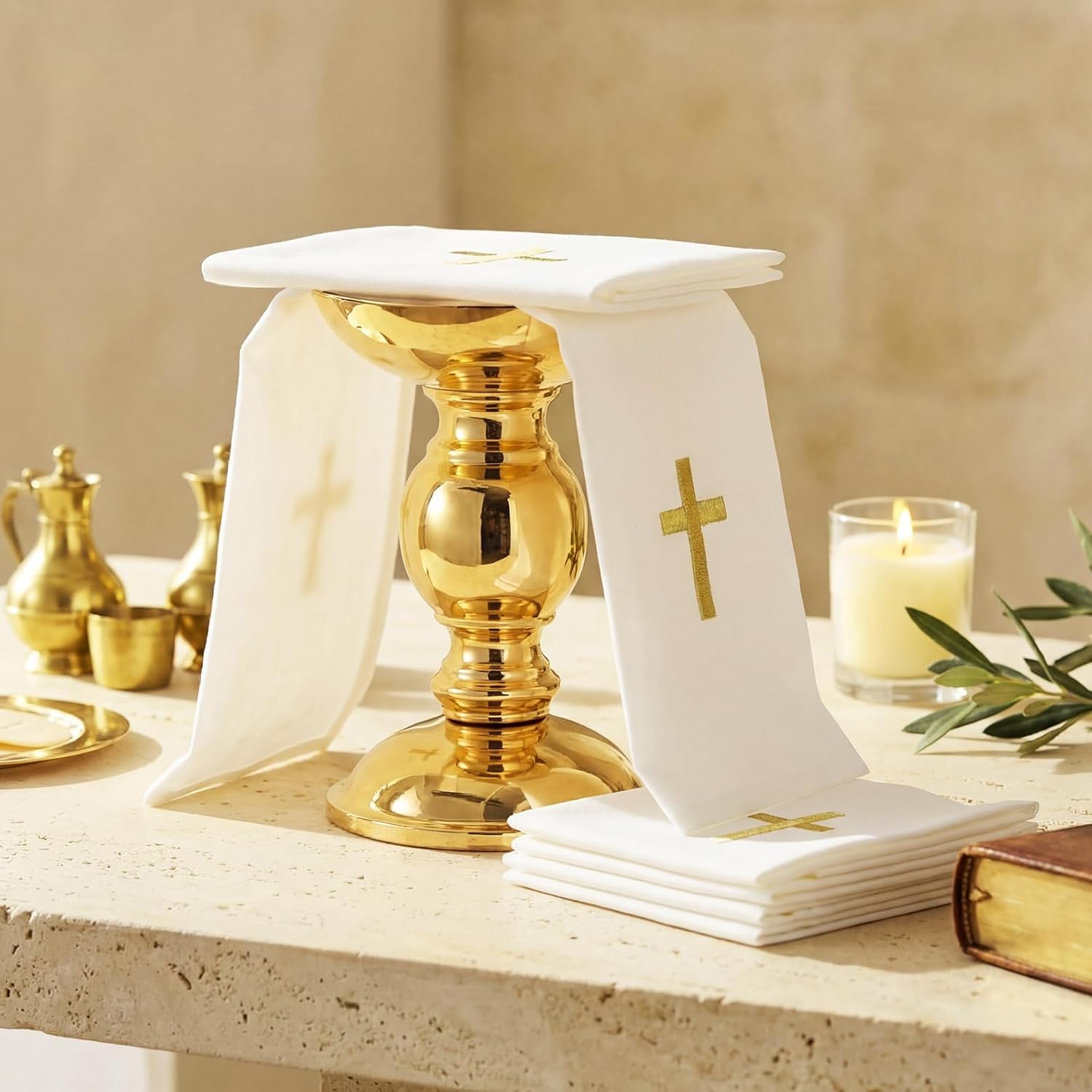 12 Pack of Embroidered Linen Purificator with Gold Cross Center White Linen Altar Cloth Altar Supplies Corporal for