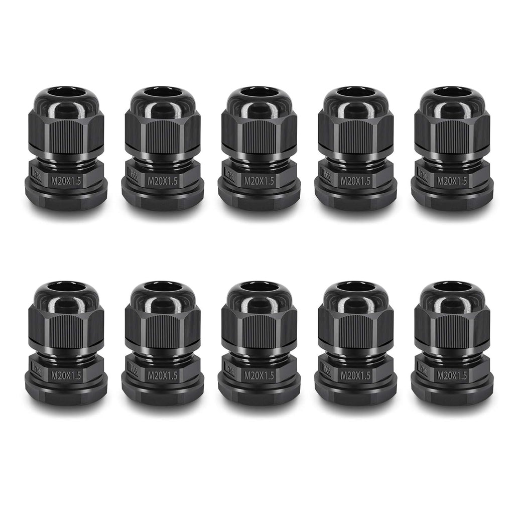 NineLeaf 10 Piece Waterproof Cable Glands Joints Adjustable 6-12mm Cable Connectors,M20x1.5 Black Compression Cable Glands Joints 20mm Diameter Titting Hole Glands, IP66 for Outdoor Use