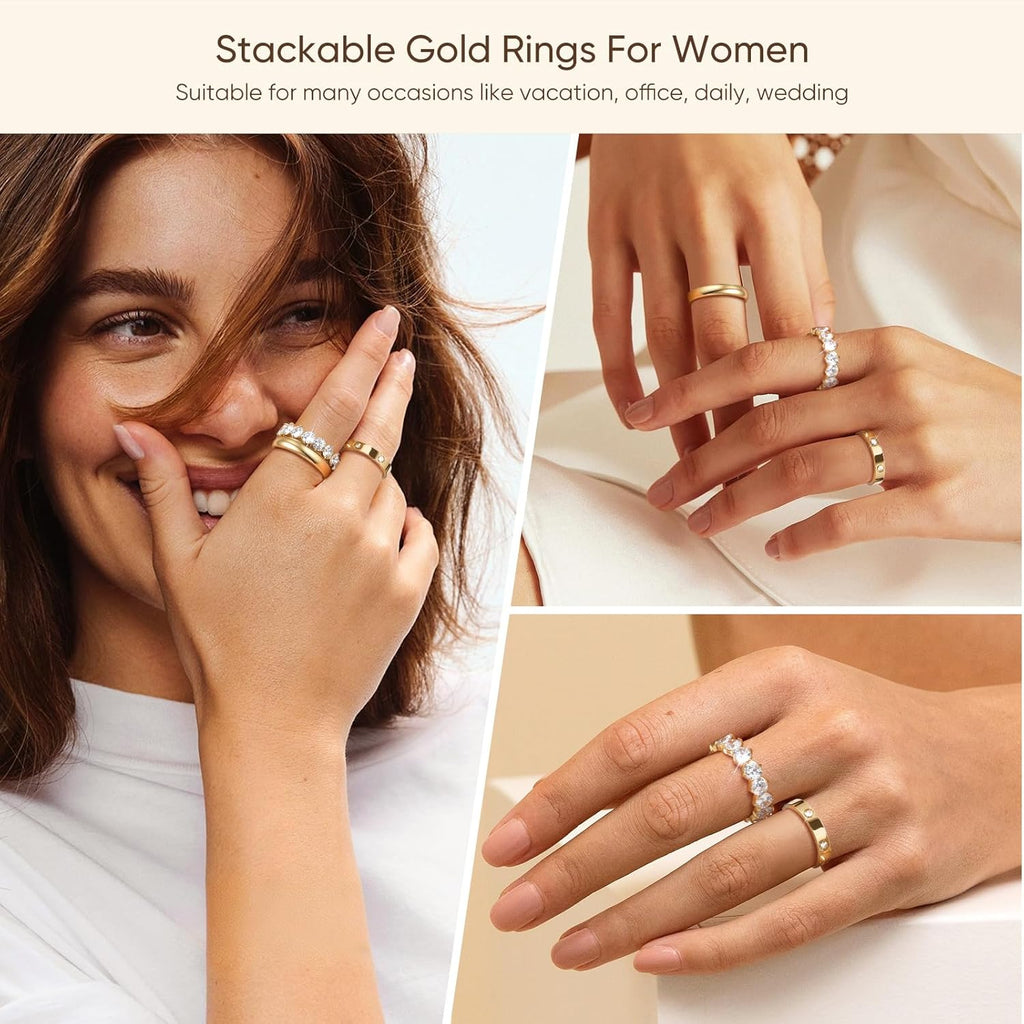 Stackable Gold Rings for Women - 3Pcs 18K Gold Plated Ring, Stainless Steel Cubic Zirconia Bands, Waterproof