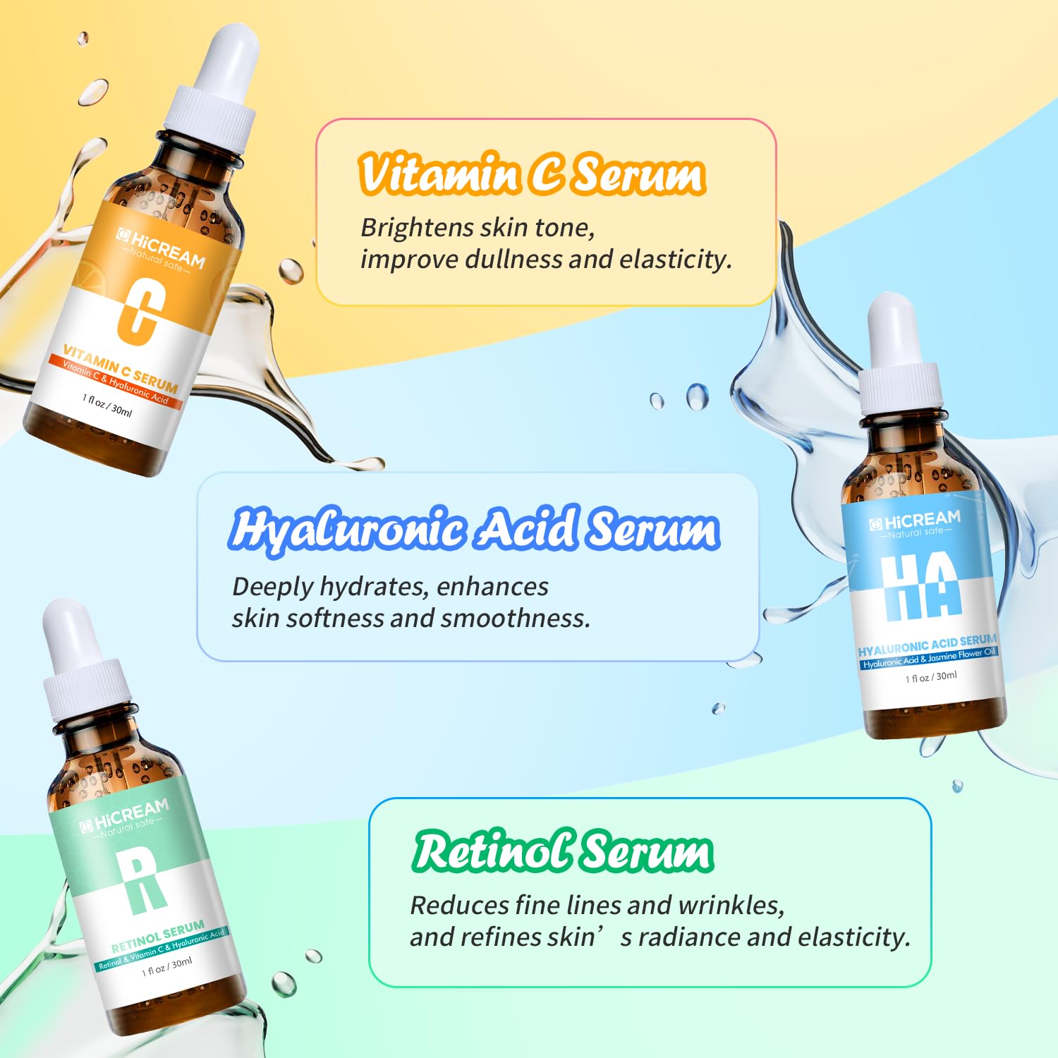 Face Serum Set - Vitamin C Serum, Hyaluronic Acid & Retinol with Hydrating, Brightening & Firming Skin, Anti-aging