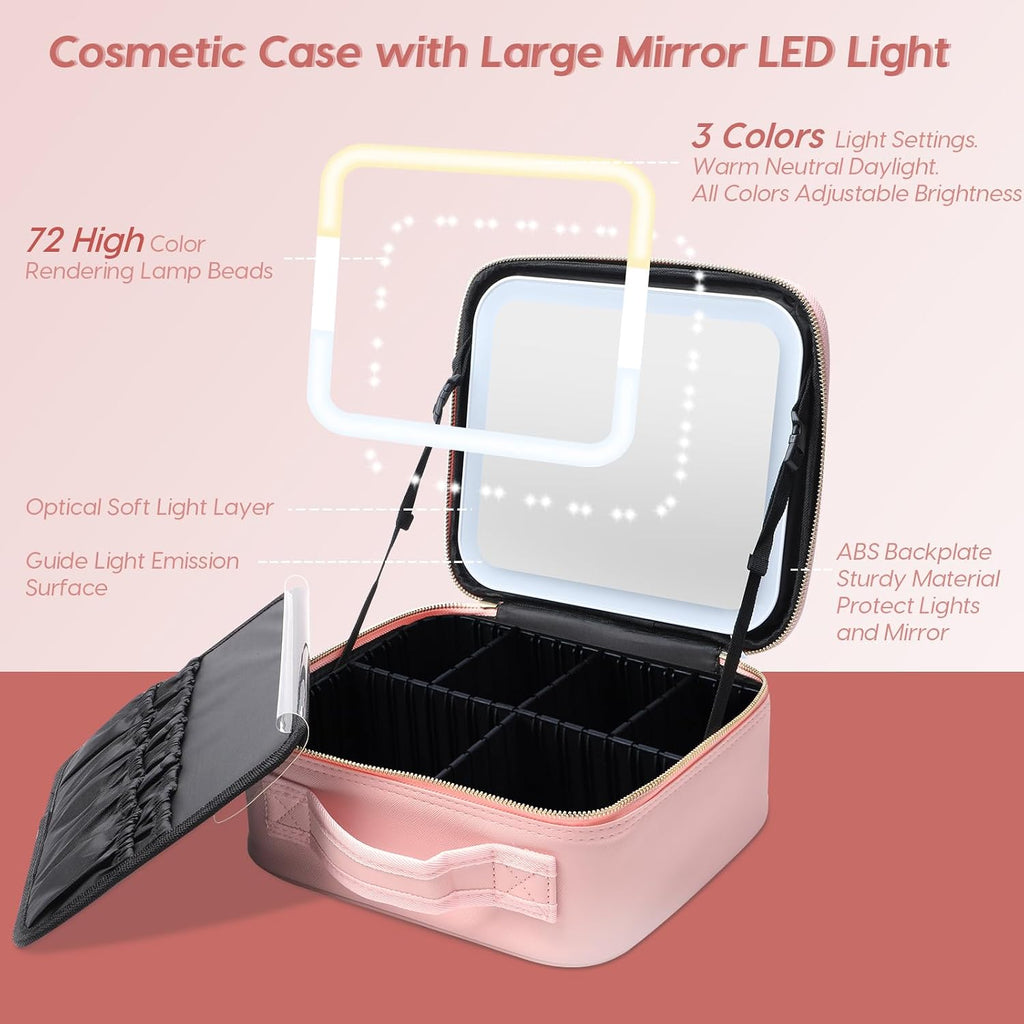 Makeup Bag with Mirror and Light, Cosmetic Travel Case with Mirror, Large Makeup Organizer with Mirror, Portable