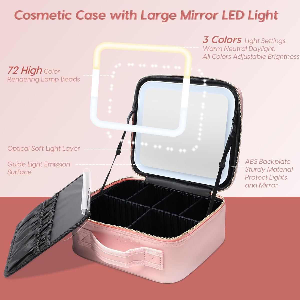 Makeup Bag with Mirror and Light, Cosmetic Travel Case with Mirror, Large Makeup Organizer with Mirror, Portable