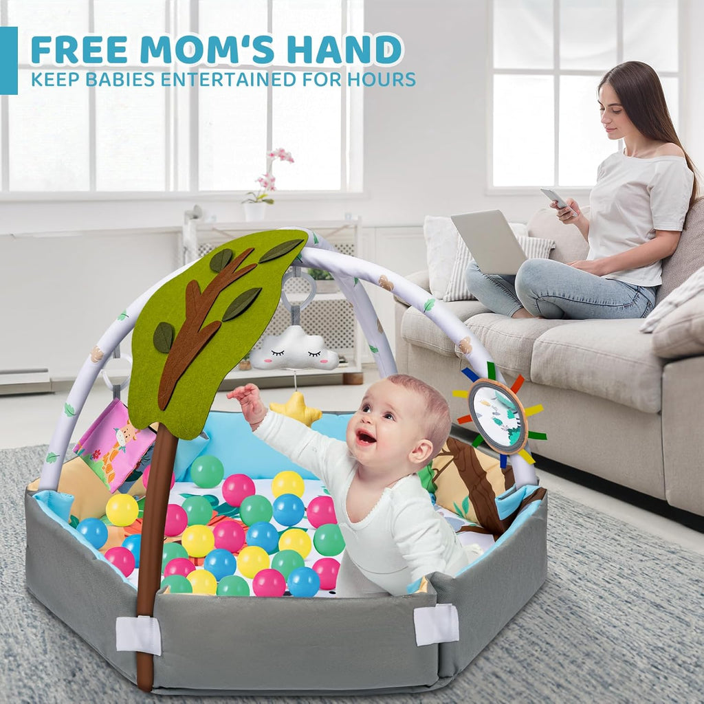 Baby Gym Play Mat, 8-in-1 Tummy Time Mat & Ball Pit with 6 Toys, Washable Baby Activity Play Mat for Visual, Hearing