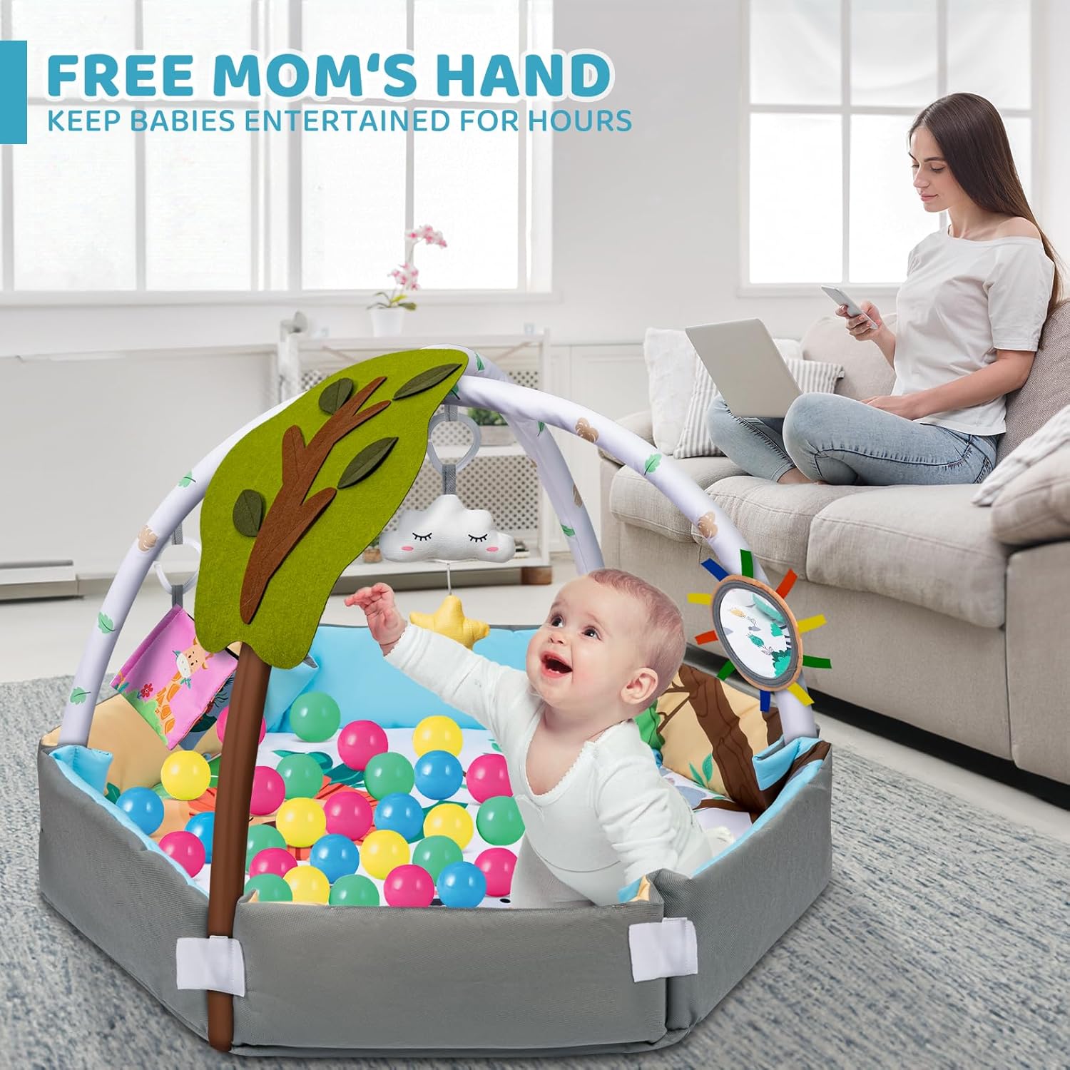 Baby Gym Play Mat, 8-in-1 Tummy Time Mat & Ball Pit with 6 Toys, Washable Baby Activity Play Mat for Visual, Hearing