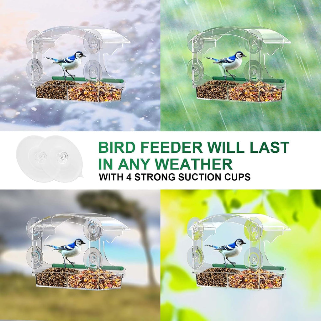 Clear Acrylic Window Bird Feeder for Outside with 4 Strong Suction Cups and Detachable Seed Tray, Highly Transparent