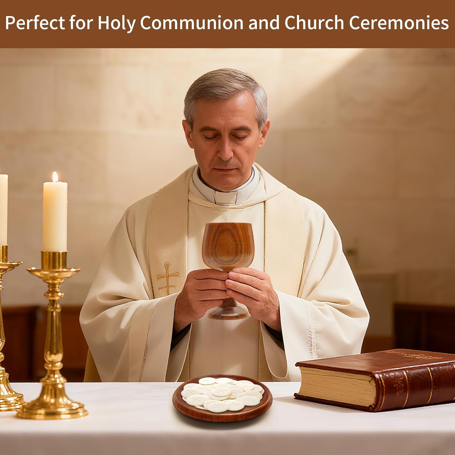 Handmade Wooden Communion Chalice Cup with Tray – Vintage Goblet Wine Cup for Christian Church Ceremony (5.1 Inches)