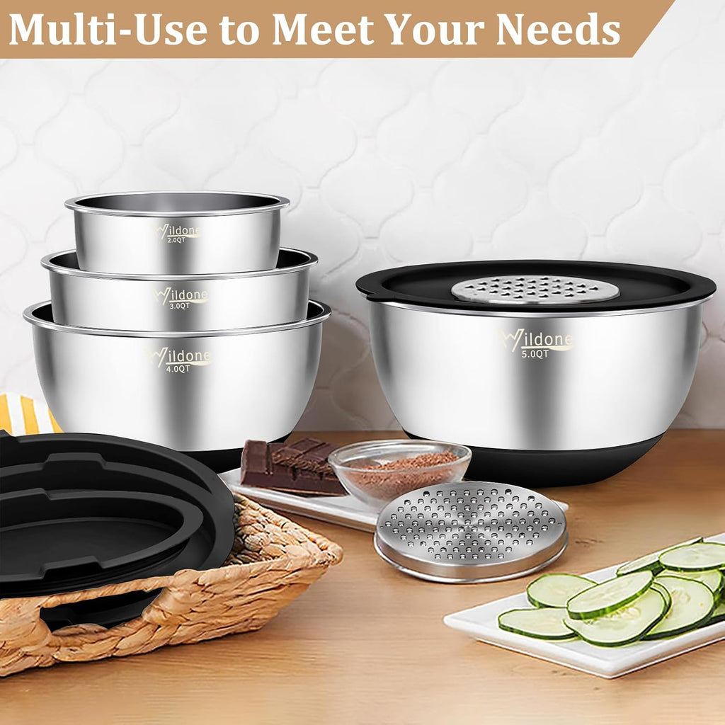 Mixing Bowls with Airtight Lids, 27 PCS Stainless Steel Nesting Bowls, with 3 Grater Attachments, Scale Mark &