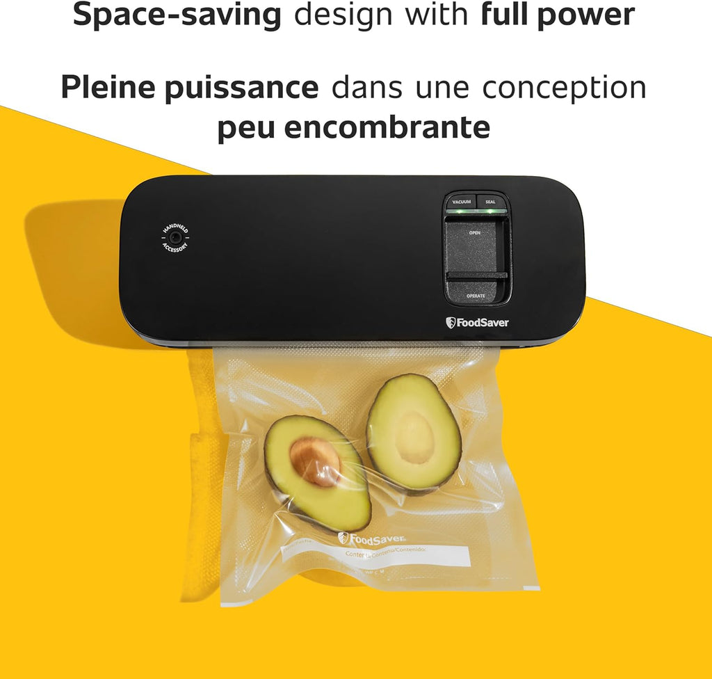 Space Saving Food Vacuum Sealer, Black with 2 Quart Vacuum Seal Bags, Pack of 1, Compact (Black)