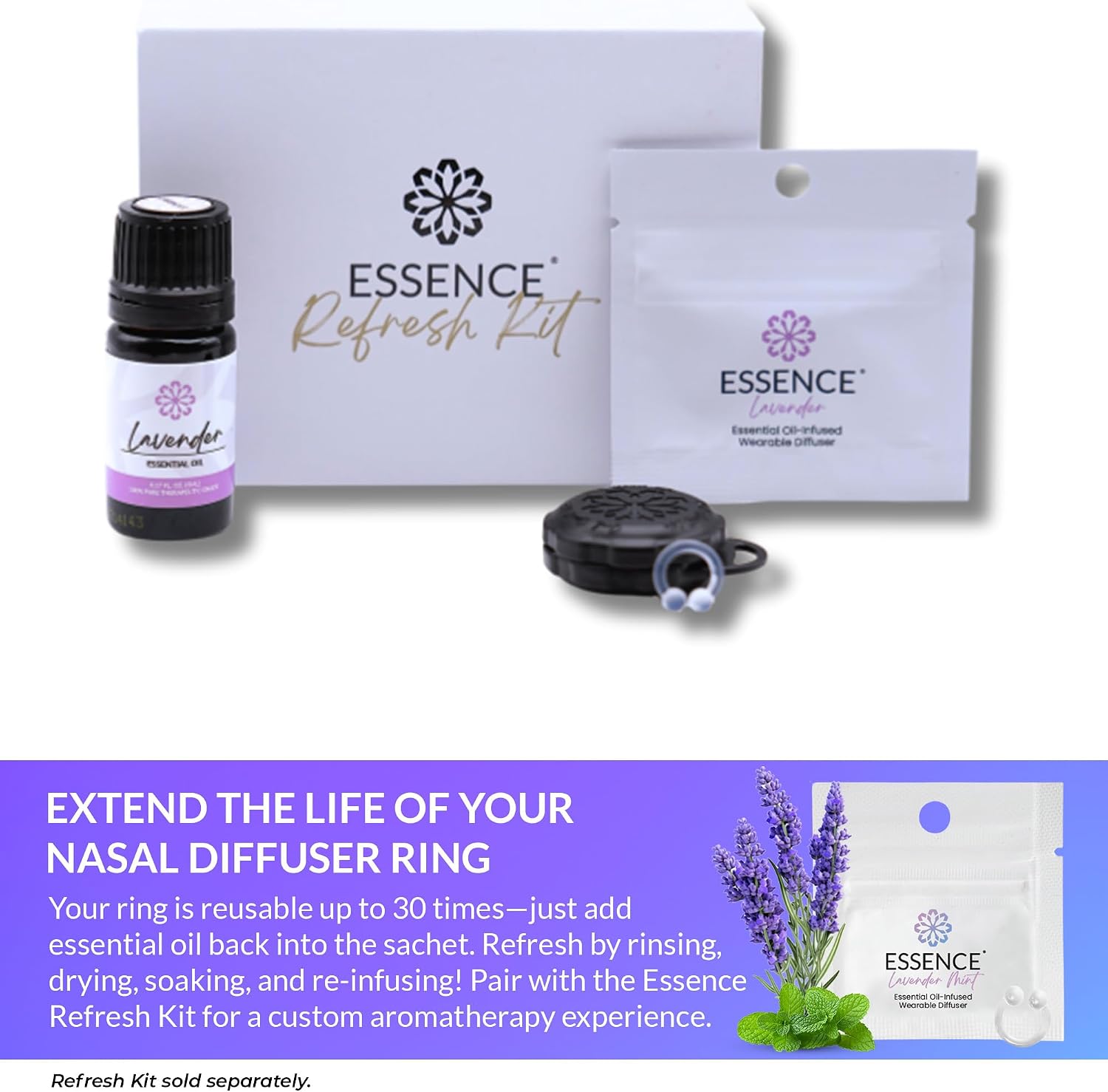 Essence Wearable Aromatherapy Nasal Diffuser – Lavender Mint Essential Oil | Nose Ring Silicone Inhaler for Stress &
