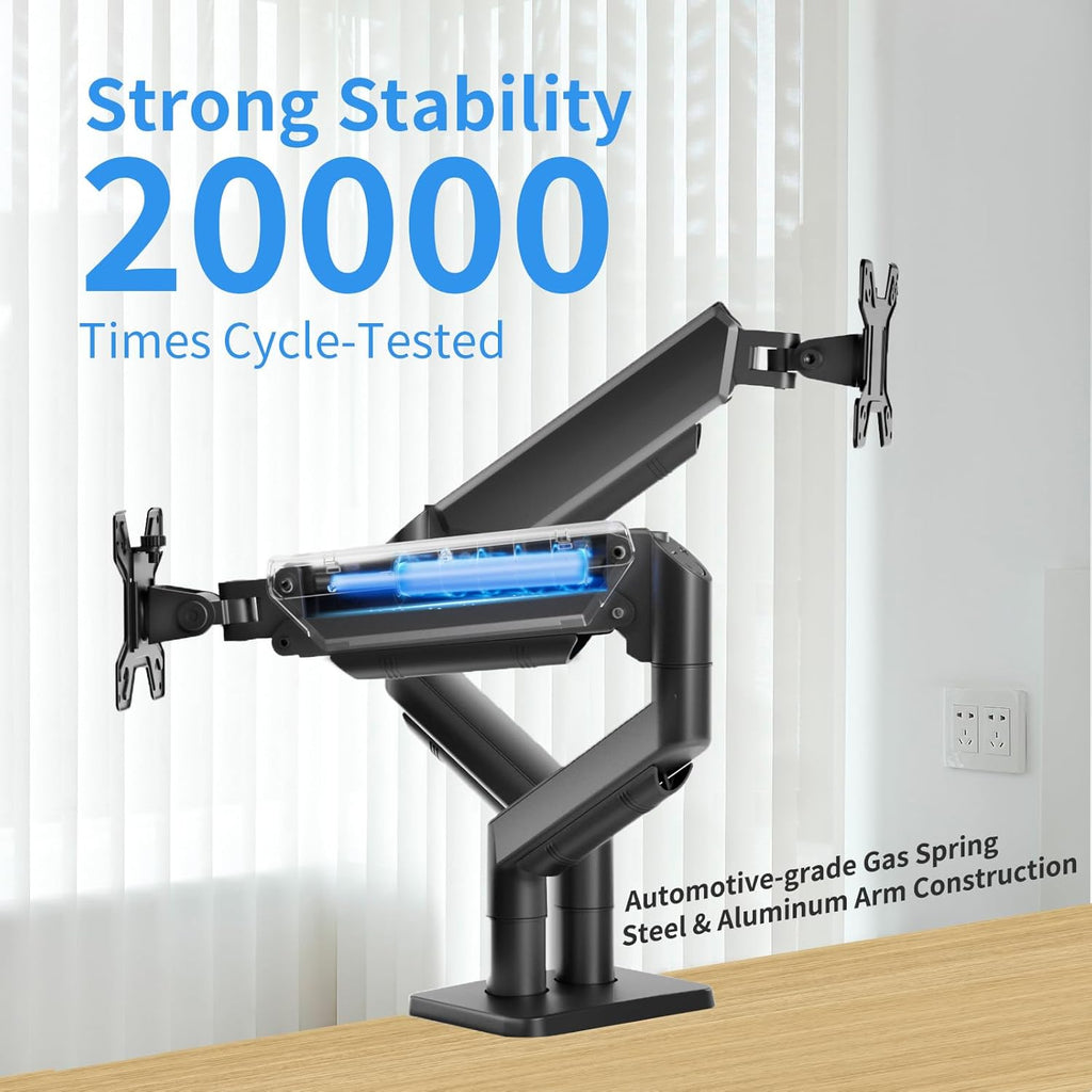 Dual Gas Spring Monitor Arm for 13-32 Inch Monitors, Desk Mount | Supports 19.8 lbs/Arm | Smooth Gas Spring | Full
