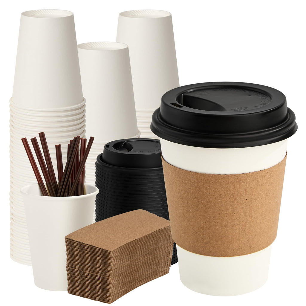 12 oz Paper Coffee Cups with Lids, Sleeves and Sticks 100 Pack