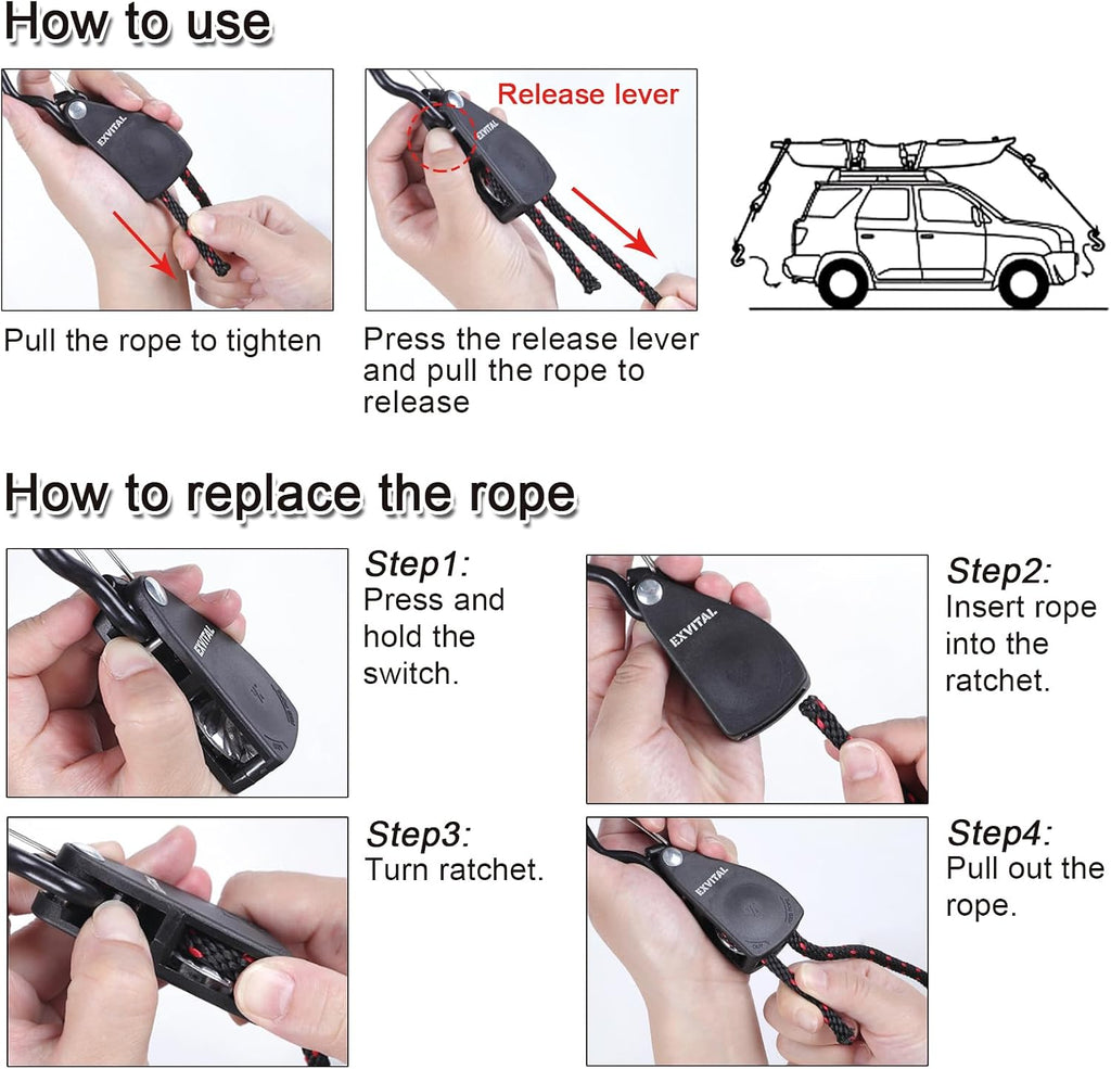 4PCS Kayak Rope Tie Down Ratchet Straps 1/4" ×12' Bow and Stern Tie Down