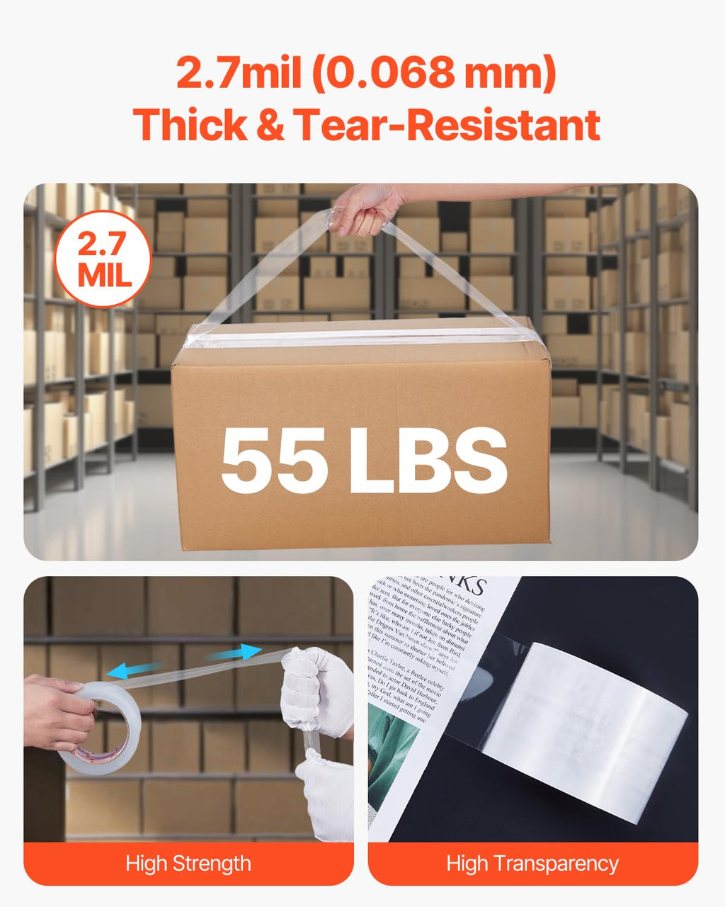 Clear Packing Tape, 3 inches Core, 6 Rolls 3 Inches x 65 Yards Packing Tapes, 2.7 Mil Thick, Heavy Duty Packaging