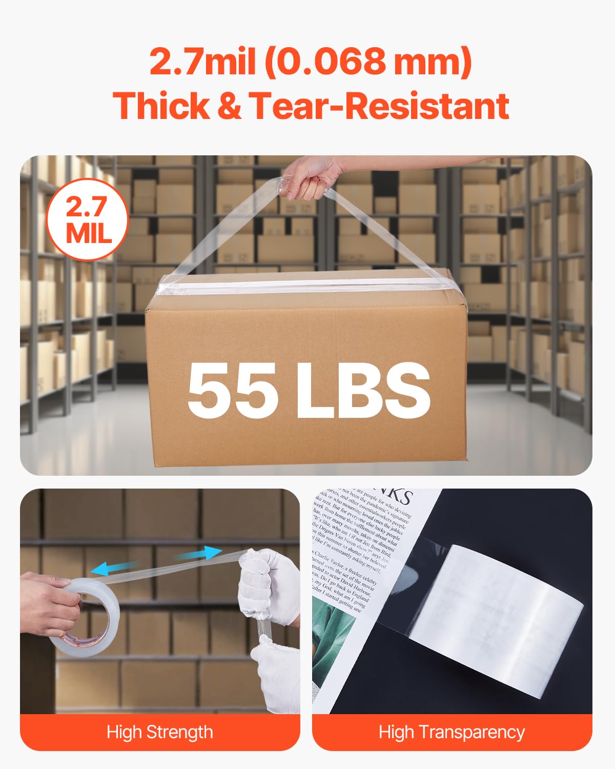 Clear Packing Tape, 3 inches Core, 6 Rolls 3 Inches x 65 Yards Packing Tapes, 2.7 Mil Thick, Heavy Duty Packaging