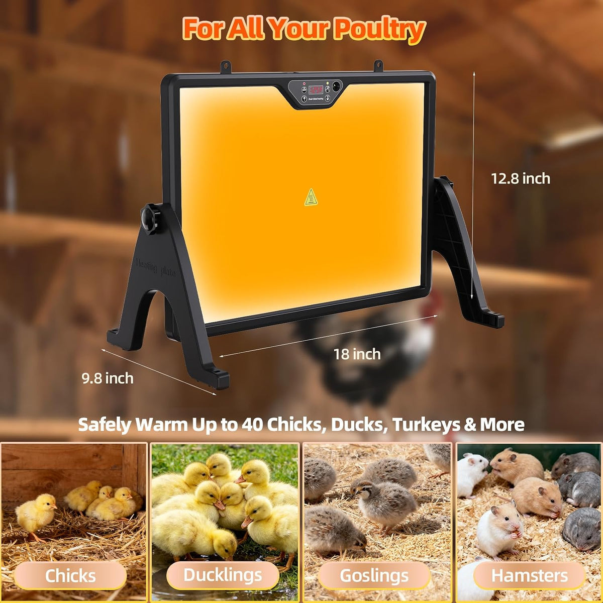 Brooder Plate Heater with Remote - 2-Sided Warming Chick Heat Plate, 4 Timers, Night Light, LED Temp Display, 180W