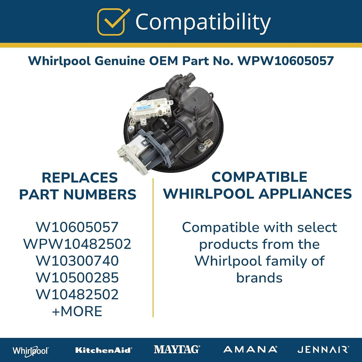 Whirlpool WPW10605057 Dishwasher Pump and Motor Assembly