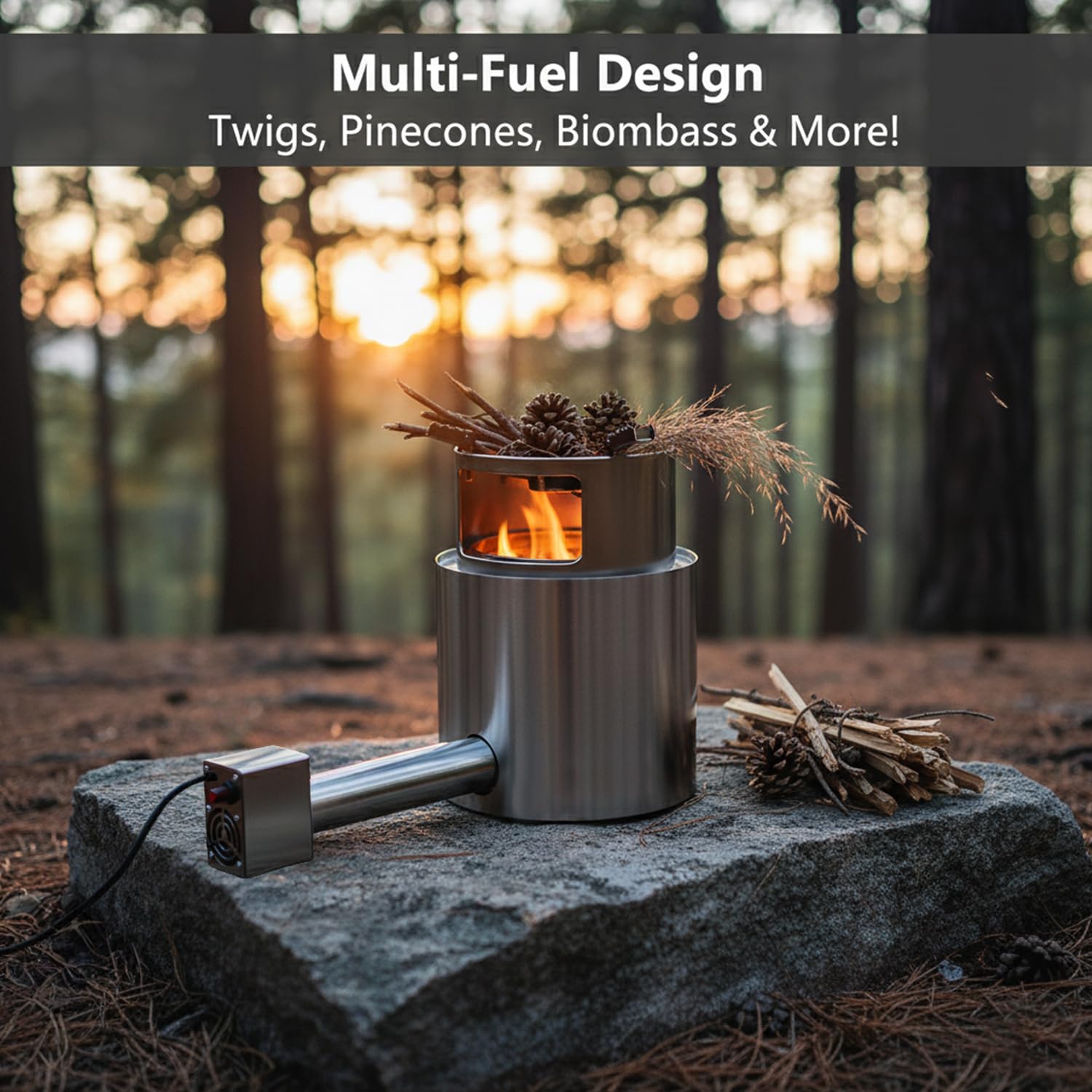 Forced Air Rocket Stove with USB Powered Adjustable Blower | Smokeless 304 Stainless Steel Wood Burning Camping Stove