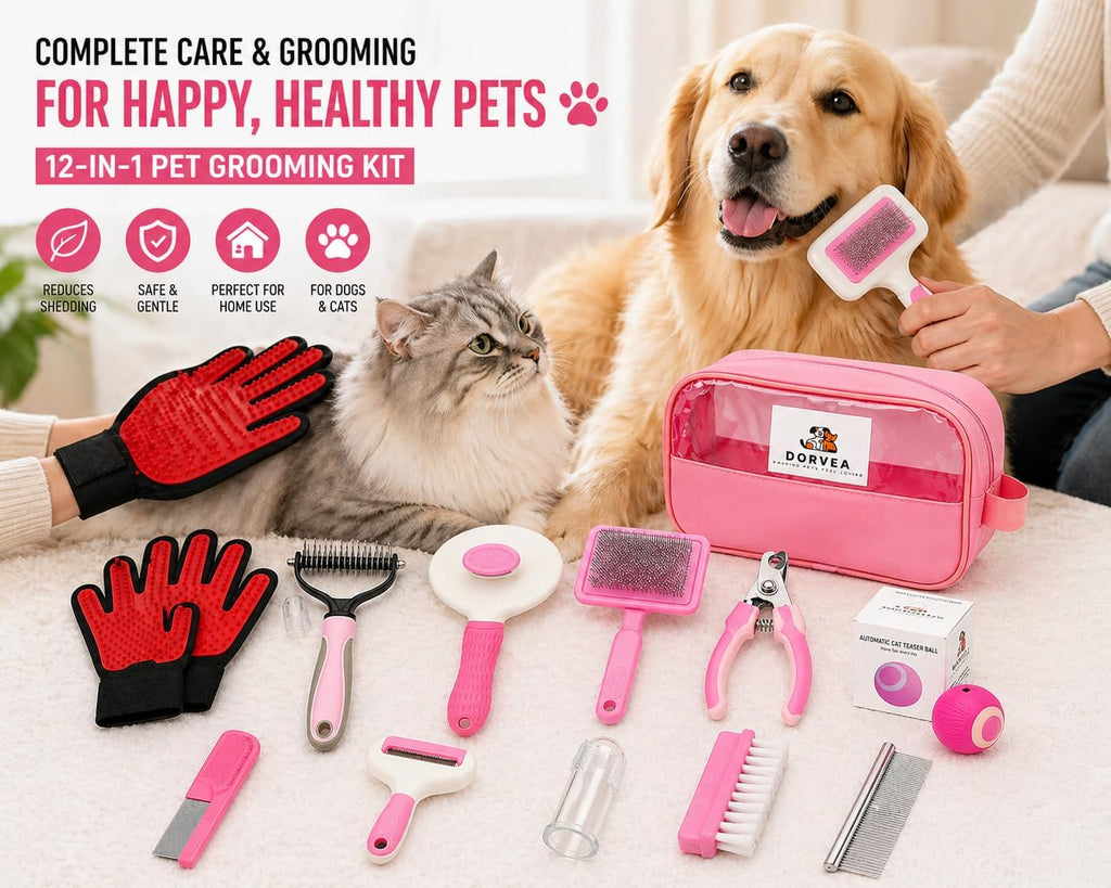 Pet Grooming Kit 12-in-1 for Dogs & Cats - Professional Deshedding Brush, Nail Clipper, Slicker Brush Flea Comb